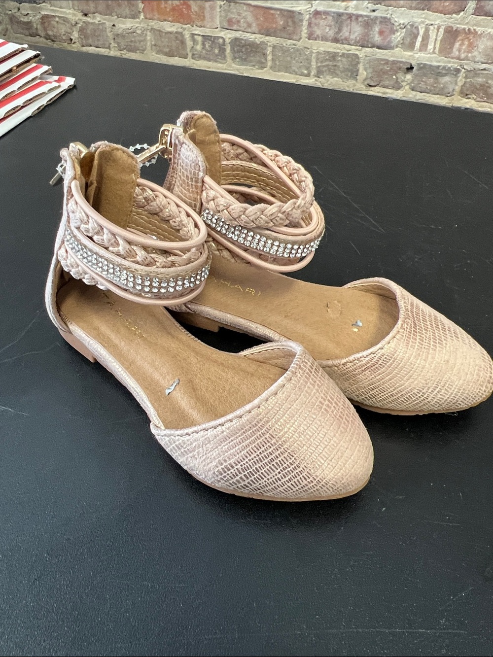 Tahari Blush Pink Pointed Toe Flats with Braided Rhinestone Anklet